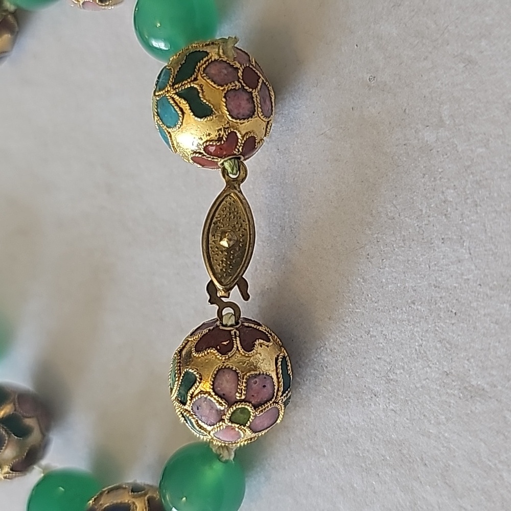 Rare Chinese Champleve Cloisonne Enamel Jadine/Green Chalcedony Beads Necklace. - Picture 7 of 8
